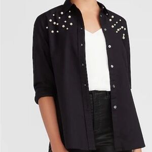 NEW Express Black Button Down Shirt with Pearl Accents